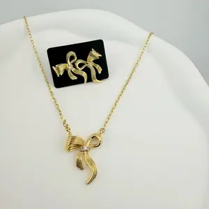 2-Piece Set High-Quality Bow Pendant Necklace with Matching Earrings - Sexy Cute Simple Design for Daily Wear 18 inches plus 2 inches extension