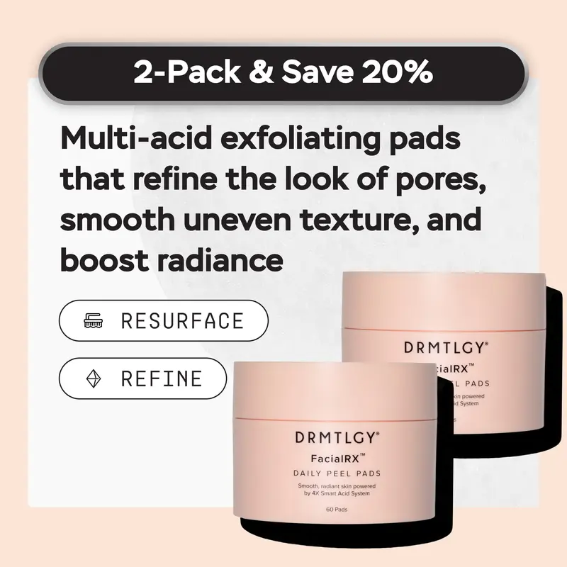 FacialRX Daily Peel Pads (2-pack) with Mandelic, Lactic, Succinic, and Salicylic Acid. Gentle Barrier-Friendly Exfoliating Pads