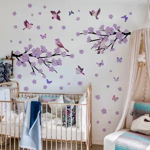 A set of two (30*90cm*2pcs) creative hand-painted purple branch, flower, butterfly and bird spring wall stickers Decorative Stickers for living room and bedroom decoration background wall decals (M14614-NL)