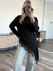 Satin Lace Asymmetric Shirt Woman Blouses Spring Autumn 2026 Elegant Black O-Neck Fitted Long Sleeve  Tops For Woman Business Work Tops Minimalist Office Layering & Glam Versatile Blouses Casual Blouses