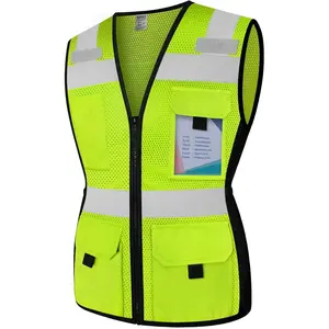 KTINEIC Women Construction Work Vest Pockets Snug-Fit High Visibility Reflective Vest with Zipper, Neon Safety Vest for Lady Contractors/Workers, Durable and Fashion, Meets, Yellow XL