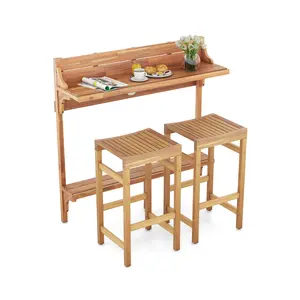 COSTWAY - 3 Pieces Patio Acacia Wood Bar Table Set with Footrest Curved Wood Seat