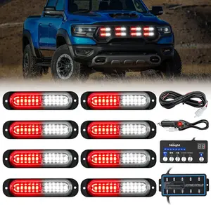 Nilight 8PCS Led Strobe Lights with Controller 12V 24V Sync Feature Red White Strobe Light 12 LED Surface Mount Hazard Warning Lights with Strobe Controller for Vehicle Car Truck RV ATV
