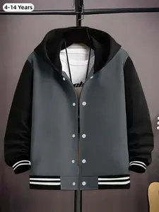 Boys' Vintage Fleece Baseball Jacket, Spring Fall Winter Casual Outerwear, Two-Color Patchwork Design, Fashion College Style Coat