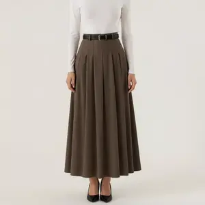 Anna-Kaci Women's High Waist Pleated Maxi Skirt with Structured A-Line Silhouette - Small, Coffee