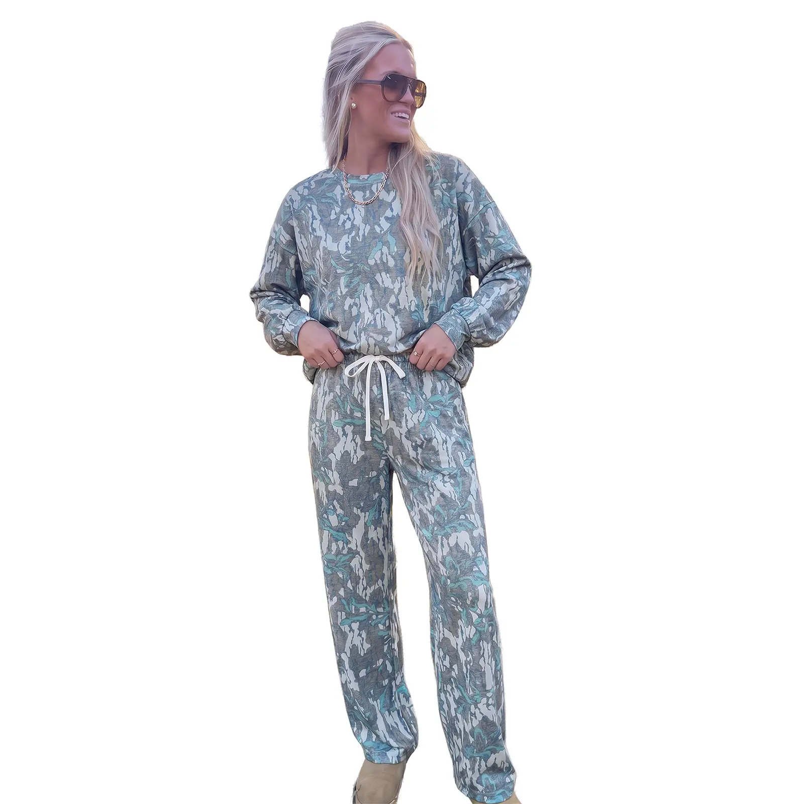 Hotapei Womens Two Piece Lounge Sets Abstract Camo Print Long Sleeve Crewneck Pullover Top and Drawstring Wide Leg Pants Casual Matching Outfits Loungewear Sweatsuit Tracksuit for Spring Autumn Daily Indoors Outdoors Cozy Relaxed Fit Trendy Clothes