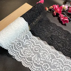 2 Yards Black and White Elastic Floral Lace Scallop Trim, 4-Inch Wide Stretchy Lace Ribbon for Skirt Hem, Clothing Accessories, Sewing Crafts, Lace Fabric, Lace Mesh, High Quality Lace