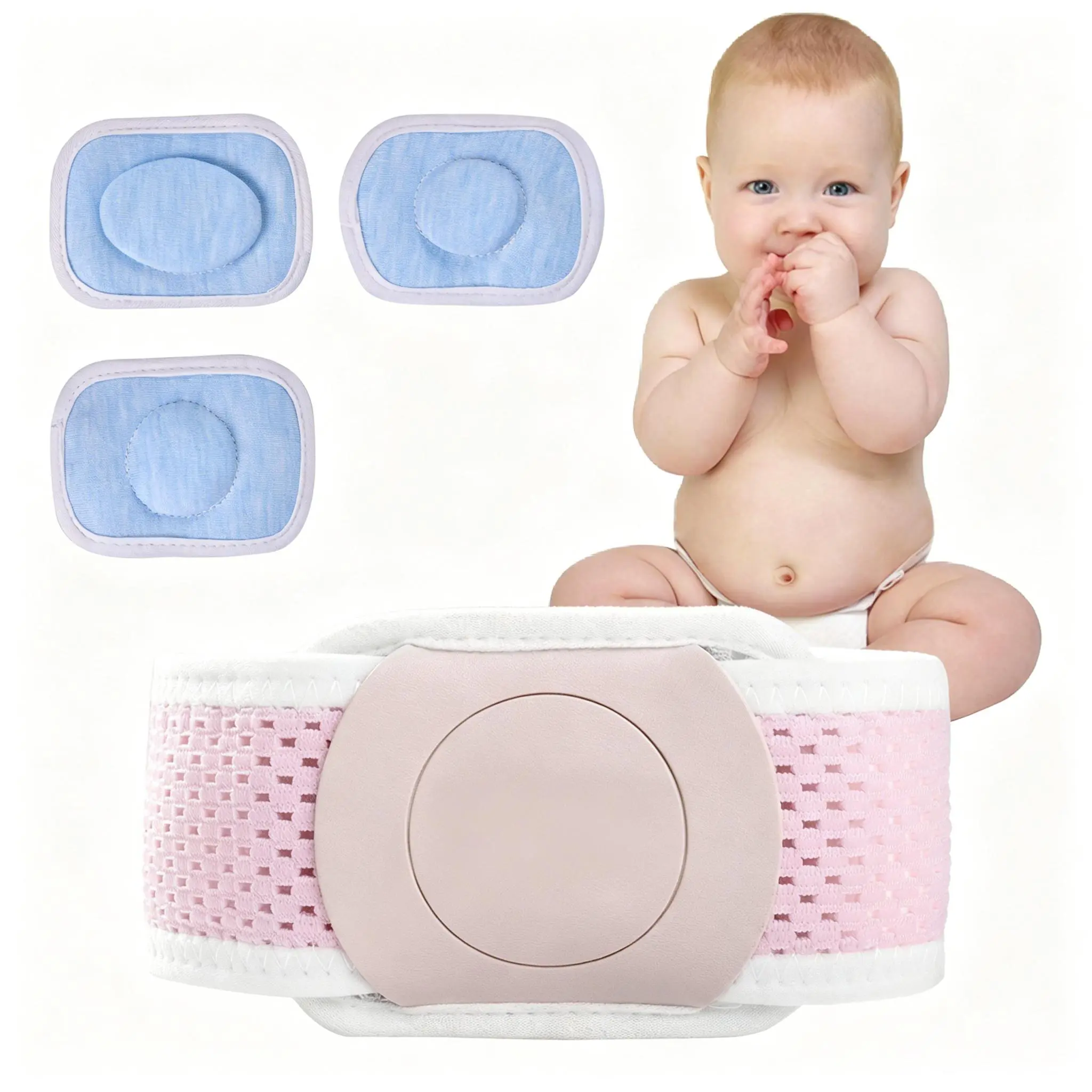 Infant Umbilical Hernia Support Belt - Breathable Seaweed Mesh Belly Band, Gentle on Skin Adjustable Hook & Loop Stomach Wrap, Comfortable Waist & Abdomen Hernia Strap with 3 Replaceable Soft Cotton Cushioned Pads for Newborns, 3 Pads