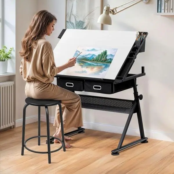 Zeny Height-Adjustable Drafting Home Office Table - MDF+Metal White Desk for Artists, with 1 USB Port, 2 AC Outlets, Premium Single-Seat Stool