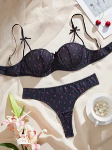 Ladies' Black Cherry Print Lingerie Set