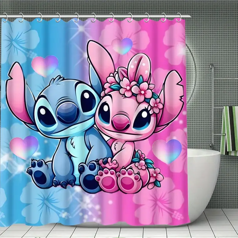 DISNEY CLASSIC Stitch & Angel Shower Curtain - Waterproof Polyester Shower Curtains with 12 Hooks, Floral-Heart Themed Bathroom Decor for Fans