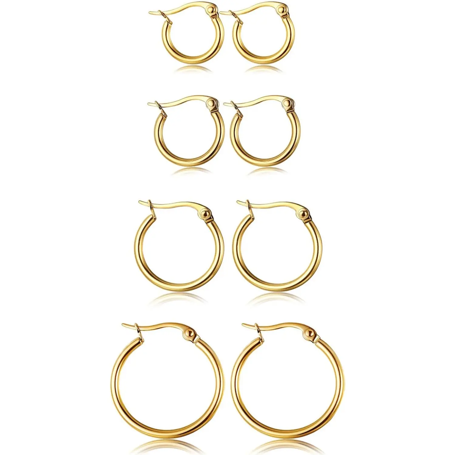 FIASASO 4 Pairs Multi-Size Stainless Steel Plated Finish Cute Hoops, 10MM-20MM Huggie Earrings for Women, Daily Wear