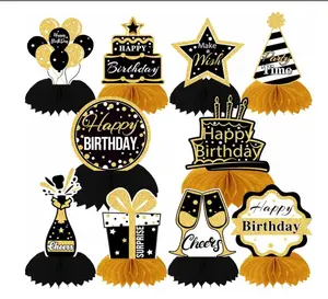 10 Pieces Happy Birthday Decorations, Birthday Honeycomb Centerpieces for Tables Black and Gold Centerpieces Birthday Table Decorations for Men and Women Birthday Party Supplies Cardboard Gift