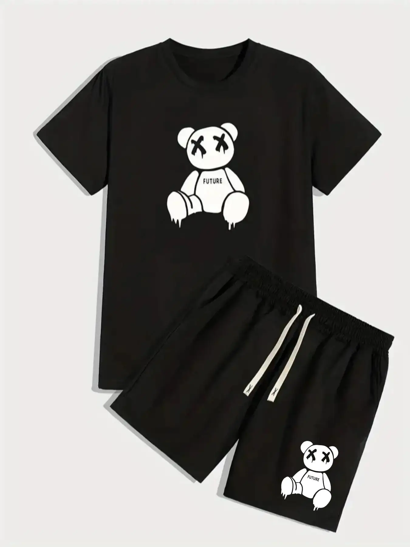 Two-piece Set Men's Y2k Cartoon Graphic Tee & Drawstring Waist Pocket Shorts Co-ord Set, Summer Clothes, Guys Cute Regular Fit Stylish Bear Graphic Sh