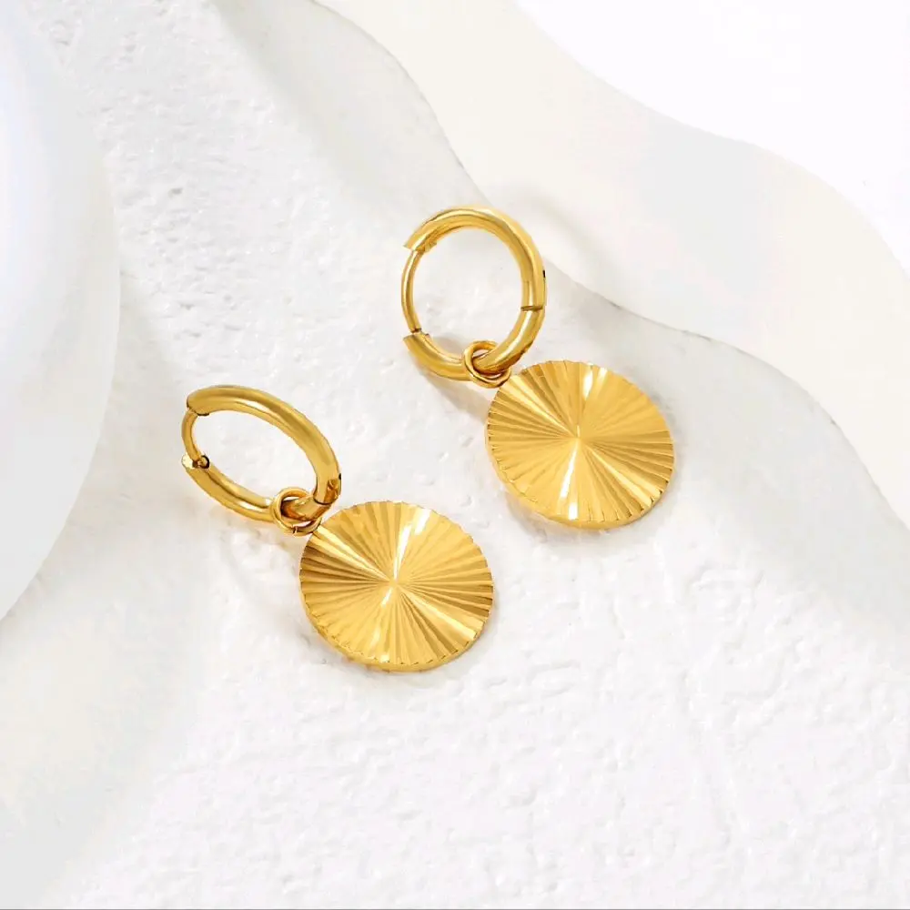 18K Gold Plated Sunburst Drop Hoop Earrings – Waterproof Stainless Steel