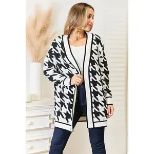 Mandy Woven Right Houndstooth Open Front Longline Cardigan