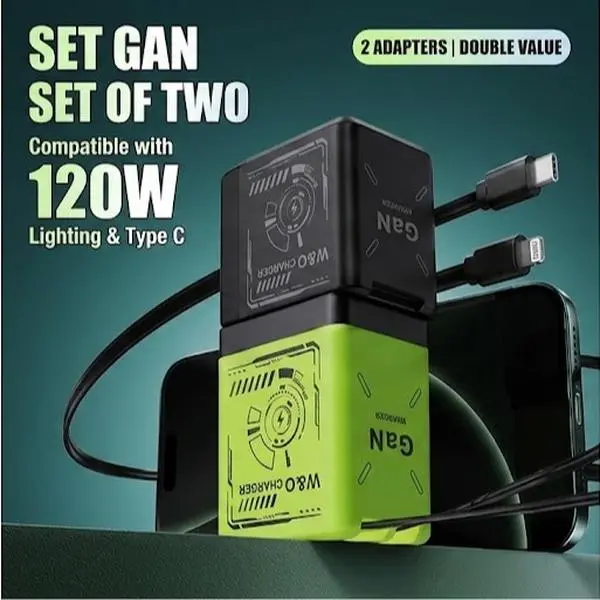 [2-PACK] W&O 120W GaN Charger Double-Adapter Set (F3 Green + F3 Black) - Retractable Type-C & Lightning | Fast Travel Charger Bundle