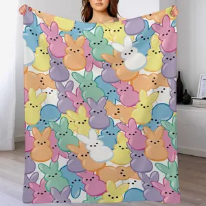 Pastel Peeps Marshmallow Bunny Blanket, Colorful Easter Throw, Cute Spring Holiday Decor for Kids, Soft Flannel Fleece Blanket