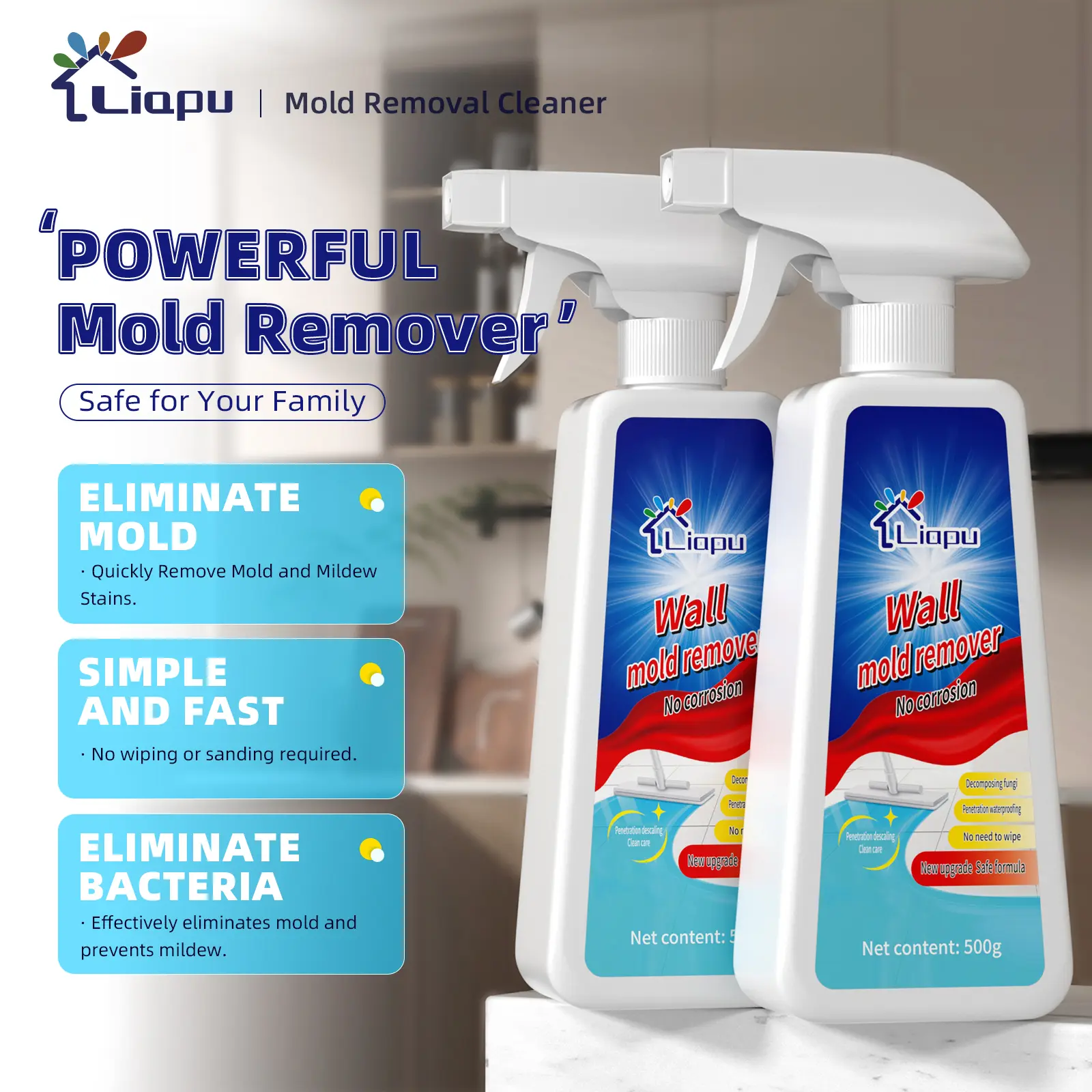 Liapu Active Mold Stain Remover, Fast-Acting Cleaner for Bathroom, Tile Grout, Silicone, Walls, Windows & Washing Machine Seals, Household Cleaning Solution