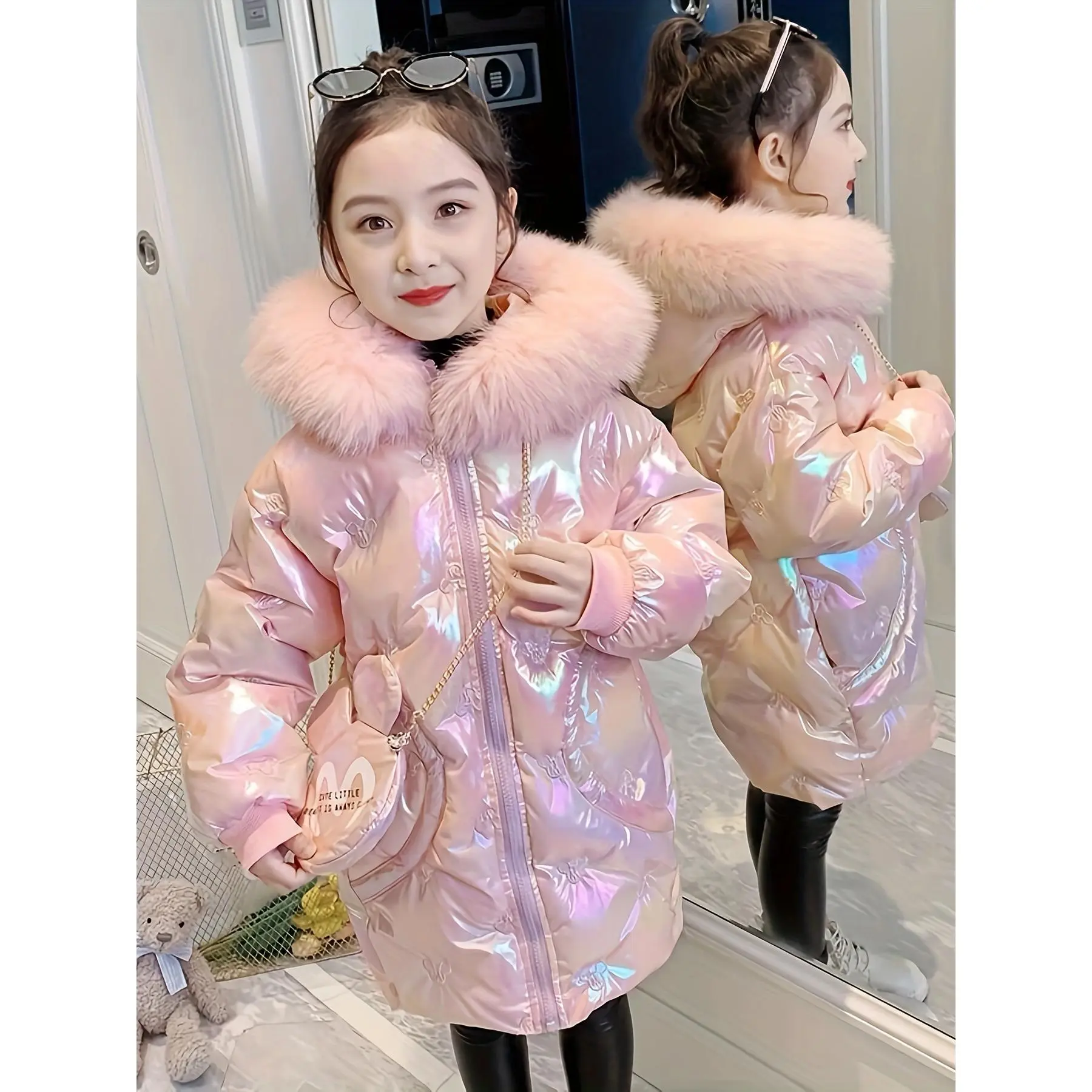 Girls' Puffer Winter Coat, Colorful Collared Long-Sleeve Polyester Jacket, Windproof with No-Wash Design, Warmth, Cute, Do Not Wash, 3-12 Years