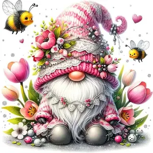 5D DIY Full Drill Round Diamond Painting Kit, Garden Gnome Mosaic Canvas Art, Home Wall Decor Gift