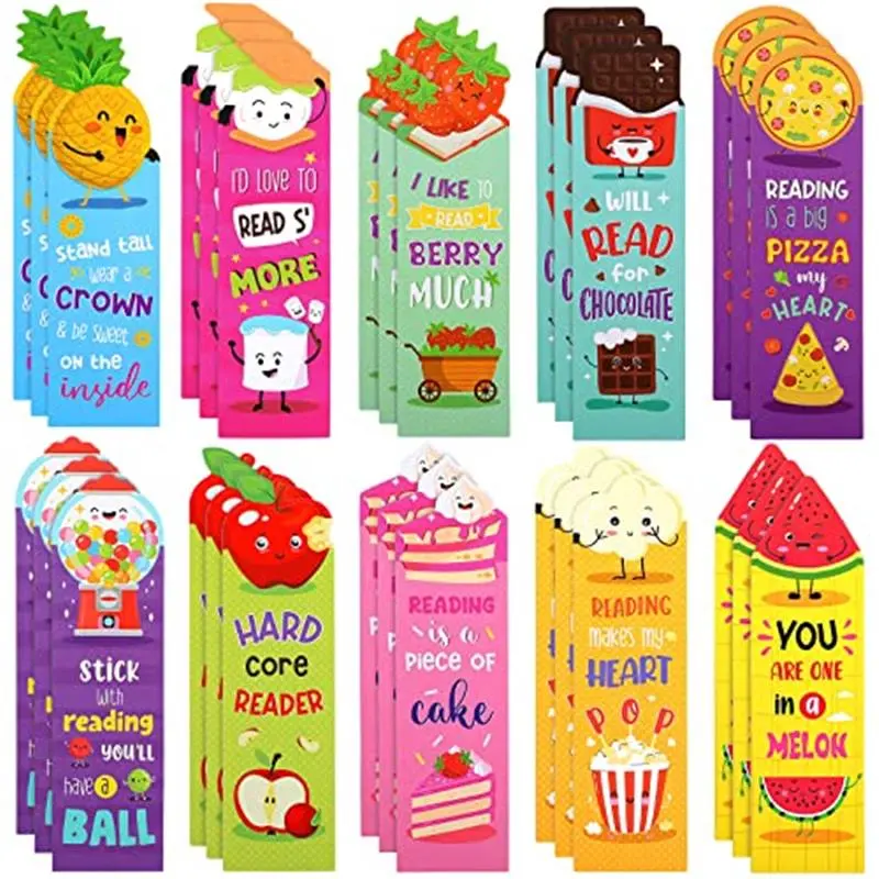 30-Piece Scratch-and-Sniff Scented Bookmarks, Colorful Removable Die-Cut Stick-On Bookmarks with Kids Fruit Food Theme Sayings, 10 Assorted Cute Styles for Students & Food Lovers (Office Stationery), Colorful Removable Bookmarks