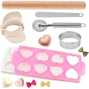 6 PCS Ravioli Maker Press Kit, Heart Shape Ravioli Mold, Stainless Steel Rolling Wheel, Wood Rolling Pin, Dumpling Maker, Dough Cutter, Filling Spoon, Easy to Use for Home Kitchen