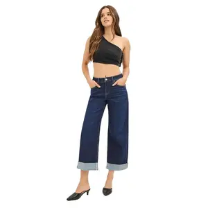 Risen Mid Rise Dark Wash Wide Leg Jeans  W/Cuffed Hem PWC21182
