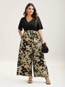 BLOOMCHIC Plus Size Floral Print Spliced Belted Wide-Leg Overalls - Spandex-Blend Fabric, Sleeveless, With Pocket,, [M-6X]2026 Summer Vibes Fit Women Swimweek
