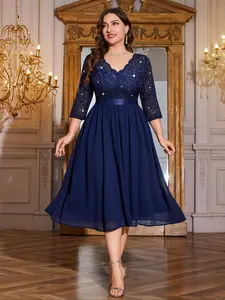MISSMAY P25532A Plus V Neck Sequin Floral Lace Contrast Ruffle Chiffon Hem Flowy Formal Cocktail Evening Party Swing Dress, Elegant Prom Wedding Guest Gown, For Graduation, Dinner, Homecoming