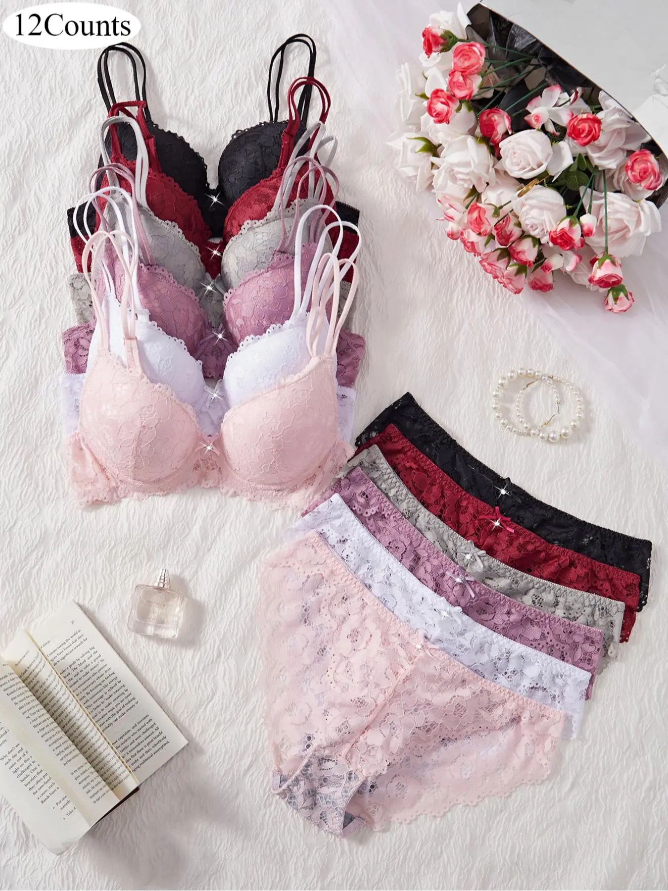 12-Piece Valentine's Day Women's Underwear Sexy Lace Underwire Bra Set, Breathable Soft Design, Max Support with Matching Panties, Perfect Gift Underwear Sets