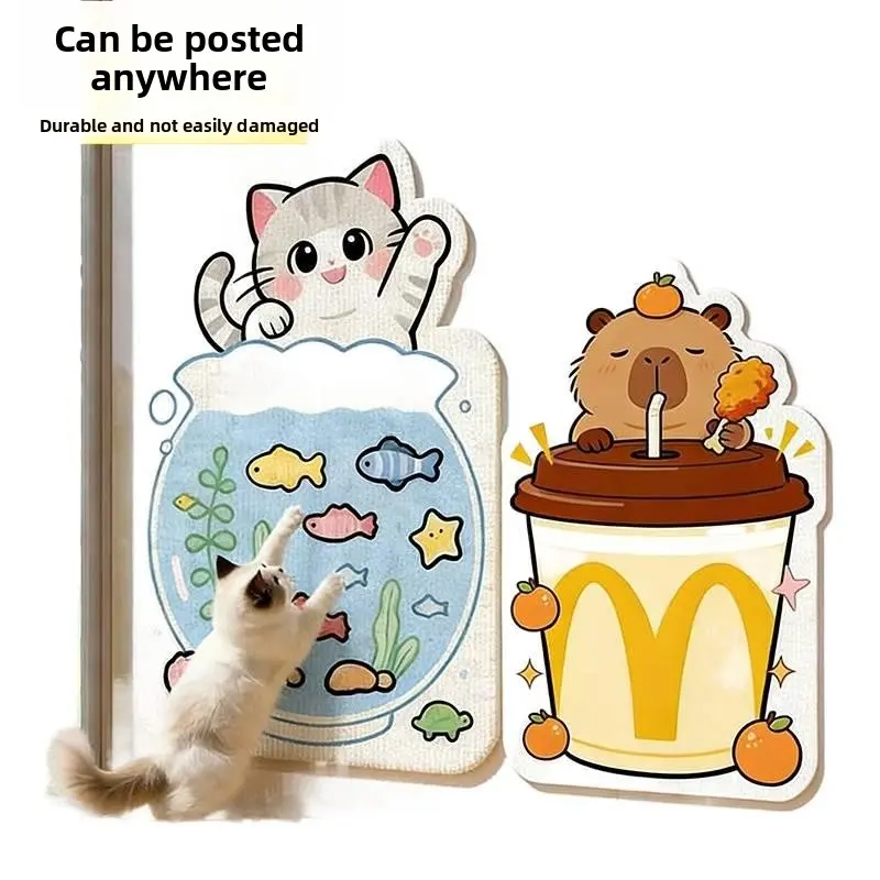 Kawaii Vertical Wall Cat Scratcher, Self-Adhesive Kraft Paper, No-Drill Anti-Shed Claw Care Toy for Cats, Vertical Scratcher