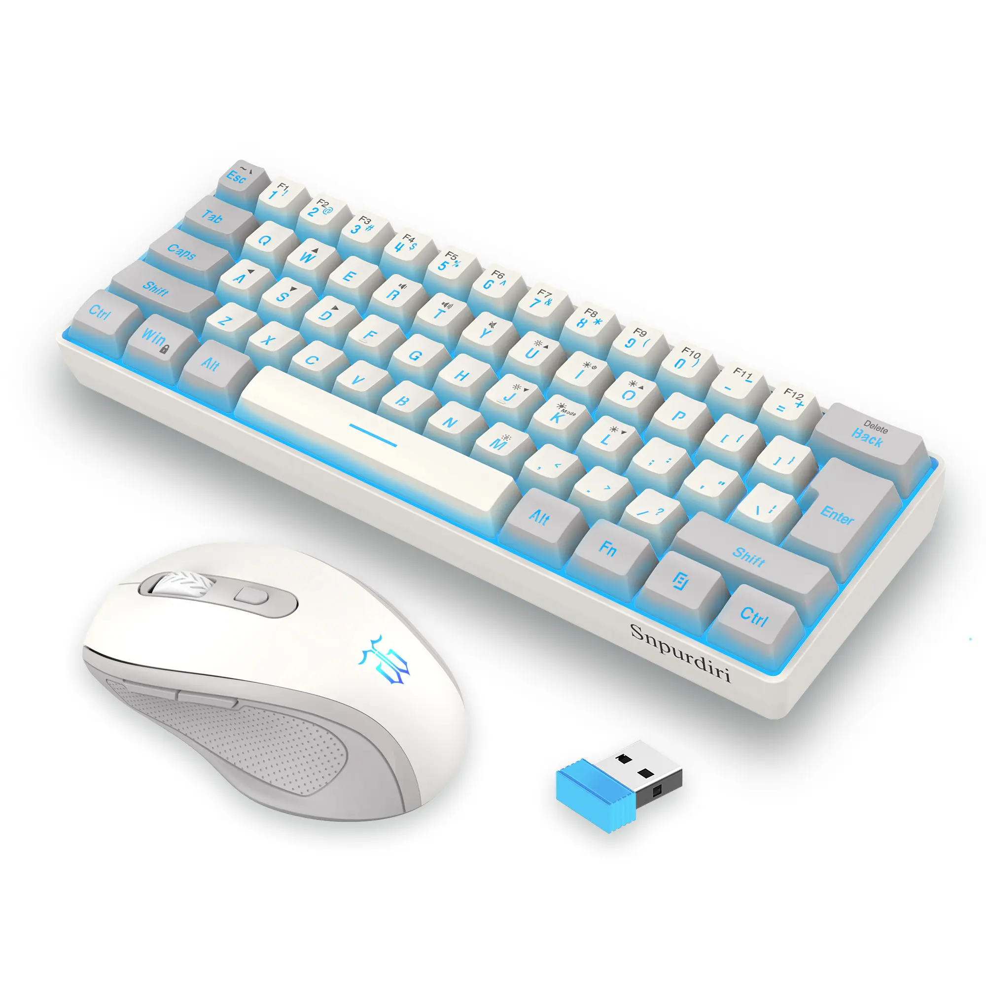 Snpurdiri 2.4G Wireless Keyboard and Mouse Combo, 60% Mini RGB Backlit Mechanical Feel Keyboard + Ergonomic Small Mouse, Grey White Portable Set for PC Laptop