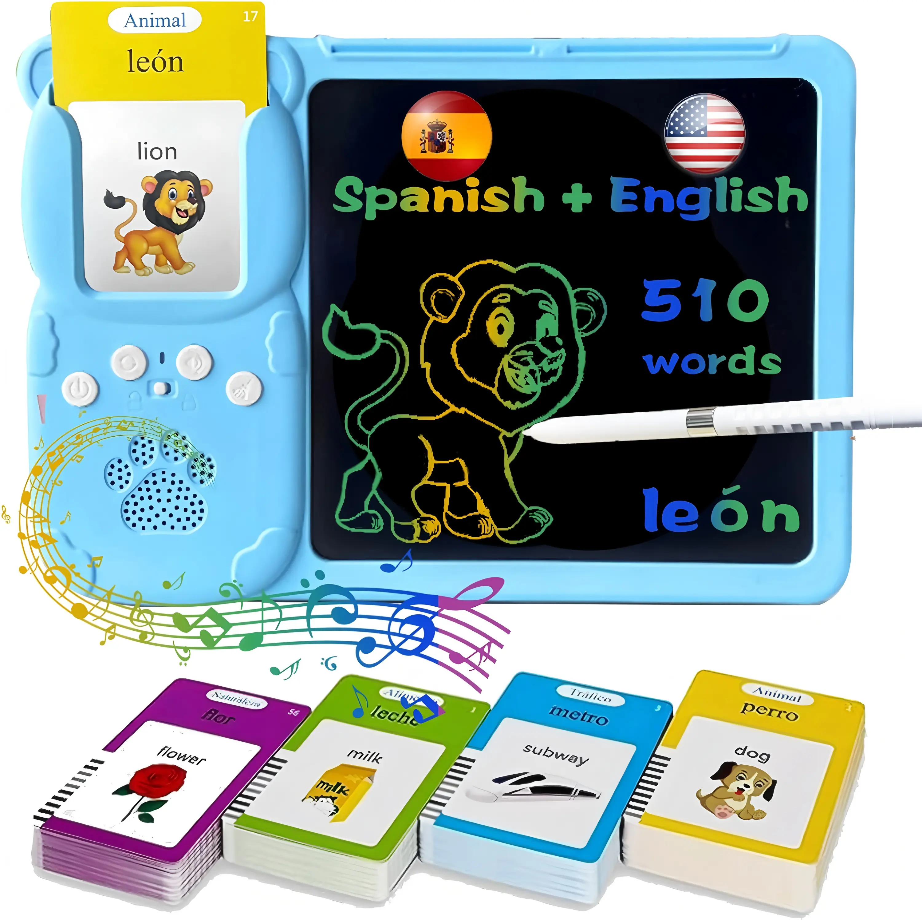 KIDGENIUS 2-in-1 Bilingual Talking Flash Cards | 8" LCD Writing Tablet | 510 English Spanish Sight Words | Interactive Early Learning Toy for Kids 3-12