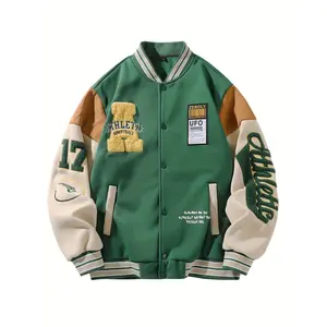 Long Sleeve Machine Washable Varsity Jacket - Men's Casual Knit Polyester Outerwear with Letter Embroidery for Fall & Winter