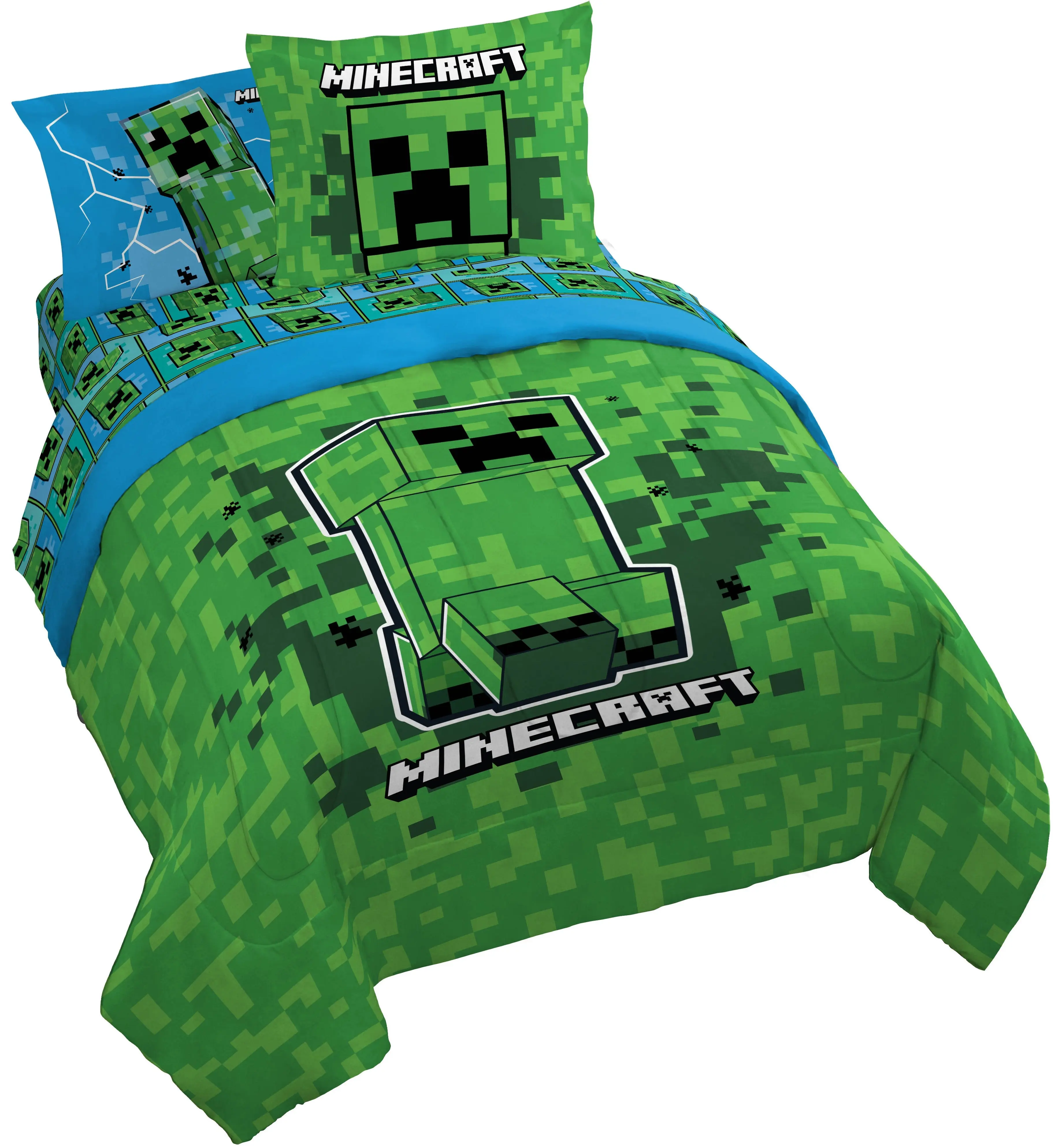 Jay Franco Minecraft Creeper Remix Bedding Set, Cartoon Character Print Design, Gaming-Themed Collection, Cartoon Character Print Bedding Sets Collections, Gaming Bedding Sets Collections