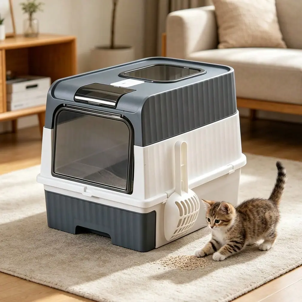 Enclosed Hooded Cat Litter Box with Pull-Out Drawer, Anti-Splashing Scatter Prevention, Matching Scoop, and Top Window for Easy Monitoring Litterbox