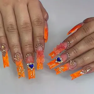 24 Pcs Gradient Long Square Nail Tips, 3D Candy Bear, Gold Butterfly, Blue Sapphire Heart, Glossy Gel False Nails, DIY Nail Art, Nail Art Supplies, Reusable, Includes Jelly Glue & File