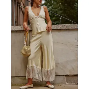 Womens 2 Piece Lace Patchwork Satin Going Out Matching Outfits Sets Y2k Boho Cute Going Out Cami Pants 2pc Set