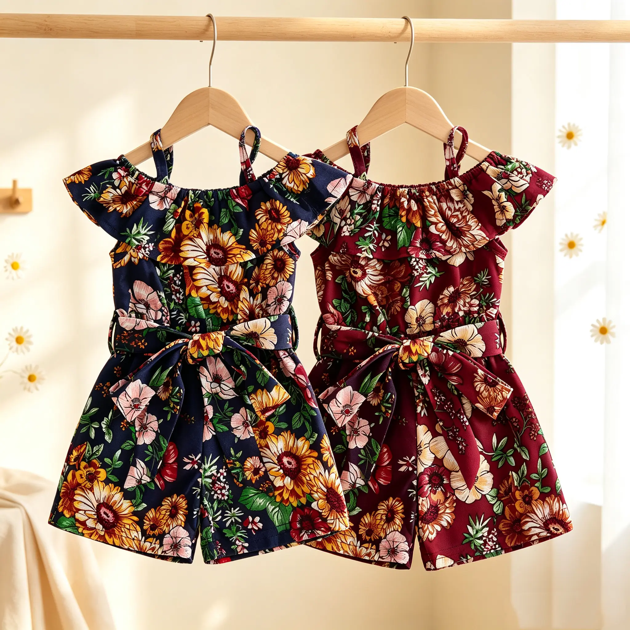 Girl's  Suit, Flower Print Off Shoulder Ruffle Sling Playsuit for Birthday Party Photography Edc Outfits Girls Dolly Africa Outfit