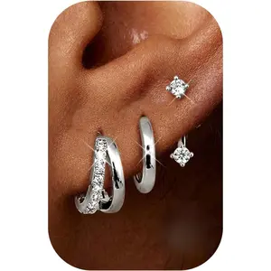 3 Pairs 925 Sterling Silver Stud Hoop Earrings for Women 14K Gold Plated Hypoallergenic Earrings Stacks with Cubic Zirconia Huggie Silver Earrings Sets for Multiple Piercings Gold/Silver Hypoallergenic CZ Earrings Stud Earrings Jewelry