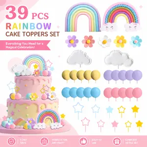 39 Pcs Rainbow Cake Topper – Pastel Color Ball Cake Decor, Rainbow Theme Party Supplies for Birthday, Baby Shower, Wedding – Cupcake Picks & Dessert Toppers
