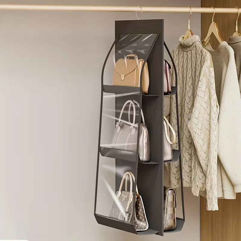 Black, white, and gray. 8 pockets in total. Handbag hanger, storage bag, wardrobe storage hanger bag and handbag organizer. Space-saving, an excellent storage tool for bags, essential home storage item.
