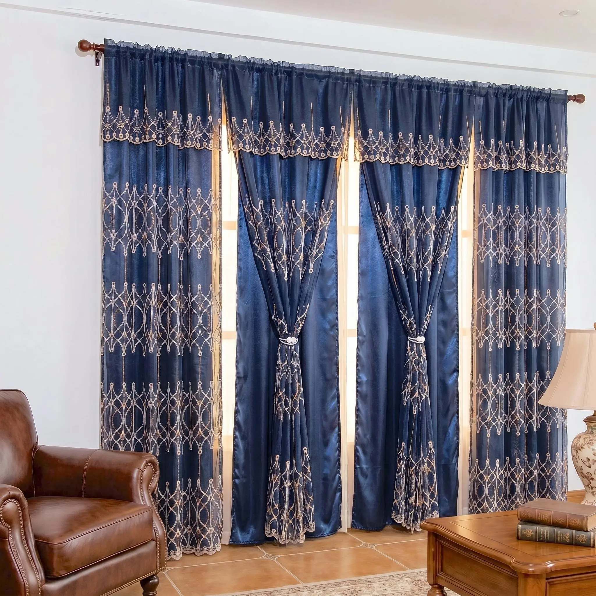 4 Pcs 52x84 in Polyester Geometric Diamond Embroidery Double Layer Curtains with Waterfall Valance - Low Iron, Rod Pocket, Luxury European Style Home Textile for Living Rooms, Bedrooms (QF18) | Decor for Living Room, Curtains for Bedroom, Perfect Gift