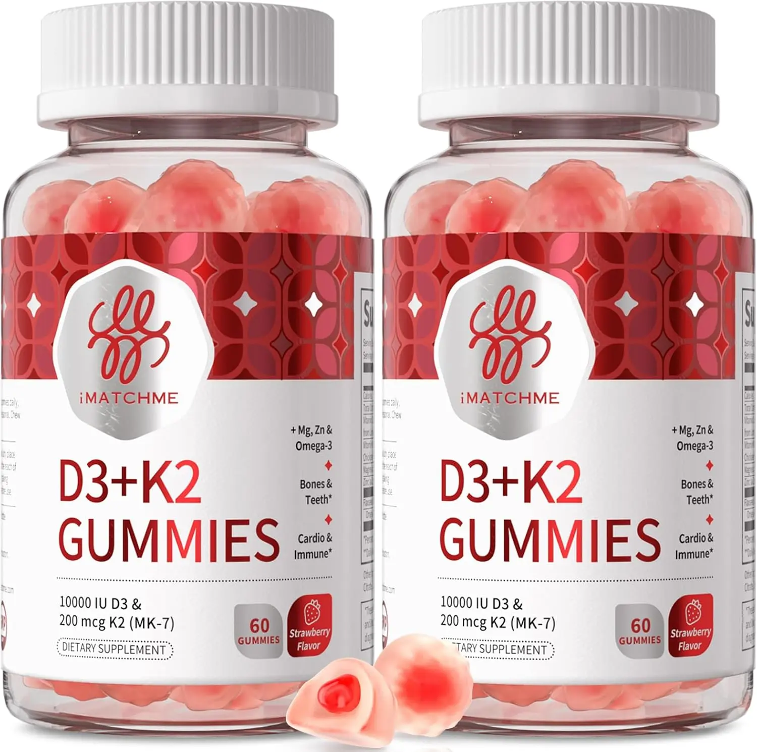 iMATCHME Vitamin D3 K2 Gummies for Adults, 10000 IU Vitamin D3 + 200 mcg K2 MK-7 with Omega-3, Magnesium & Zinc, Bone, Teeth, Heart & Immune Support, Sugar-Free Vegan, 60 Count(Pack of 2)