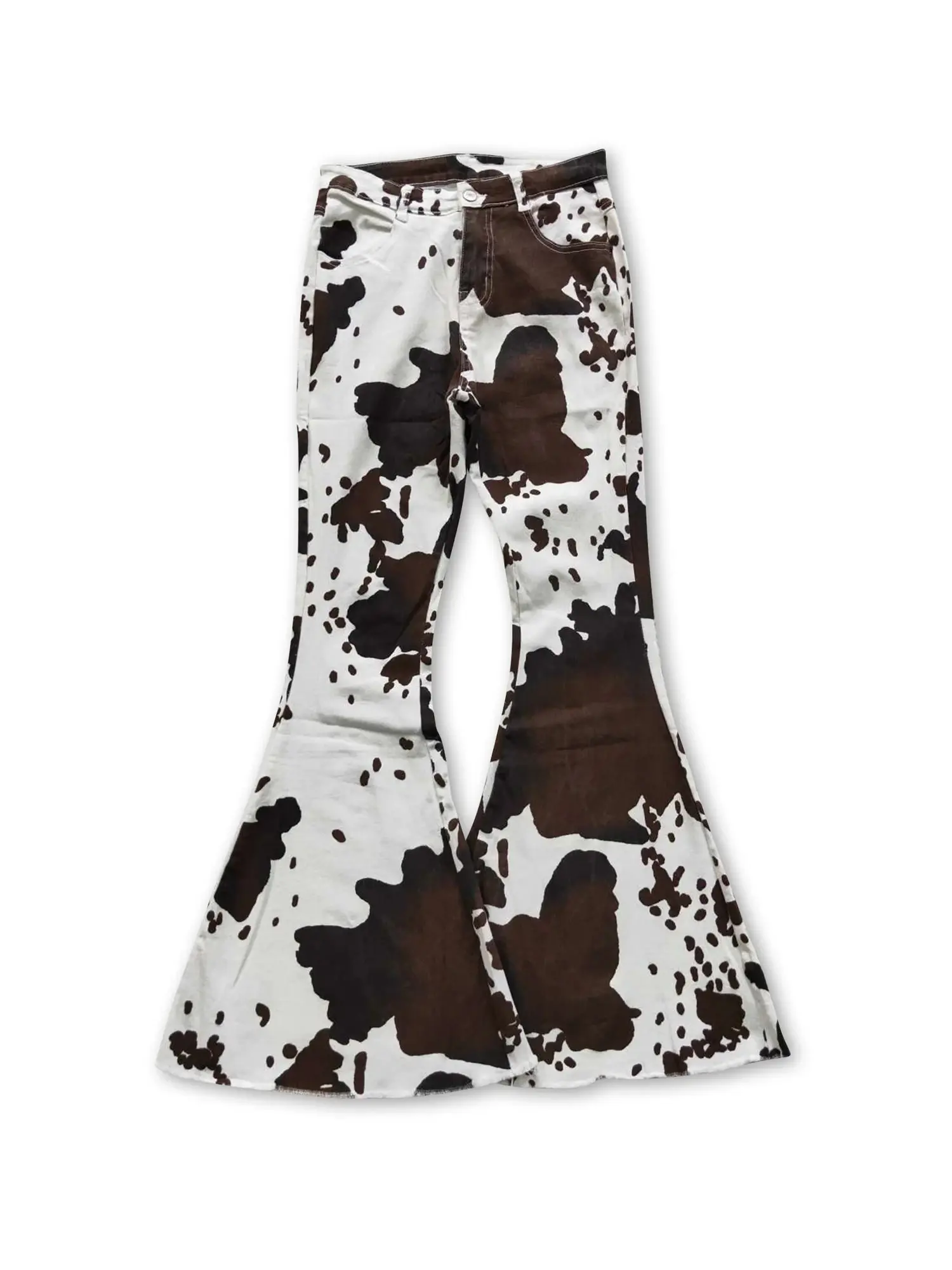 Women's Western Cow Print Stretchy Denim Bell-Bottom Pants, Stylish Denim Clothing for Casual Wear