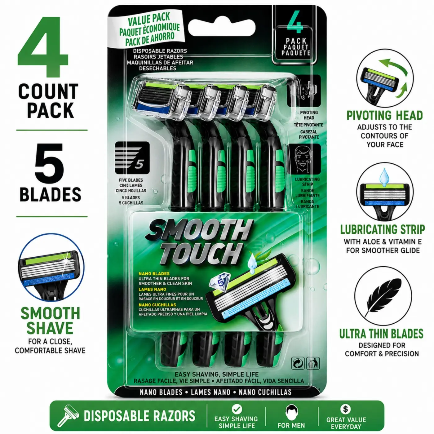 Smooth Touch 5 Blade Disposable Razors 4 Counts Pack With Comfort Grip Grooming Razors