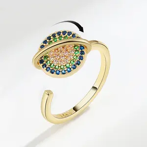 Rotatable Planet Zircon Fidget Ring, Anxiety Relief Spinning Ring, Adjustable Open Band, Gold Plated, Colorful Crystal Saturn Ring, Stress Relief Jewelry for Women, Trendy Statement Gift
