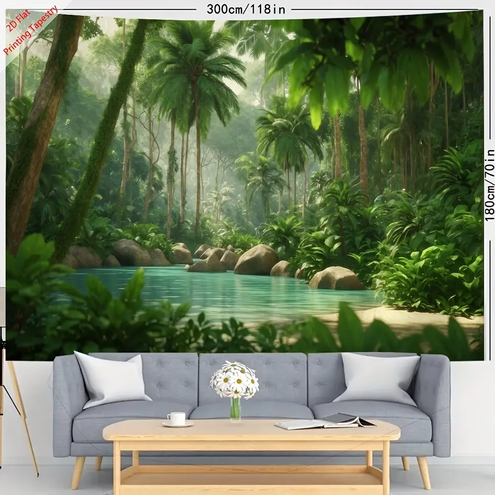 1pc 2D Flat Printing Vibrant Tropical Forests Tapestry, Polyester Wall Hanging for Living Room & Bedroom Party Decoration - Includes Free Hanging Clips, Gift, Forest Scene, Large Size