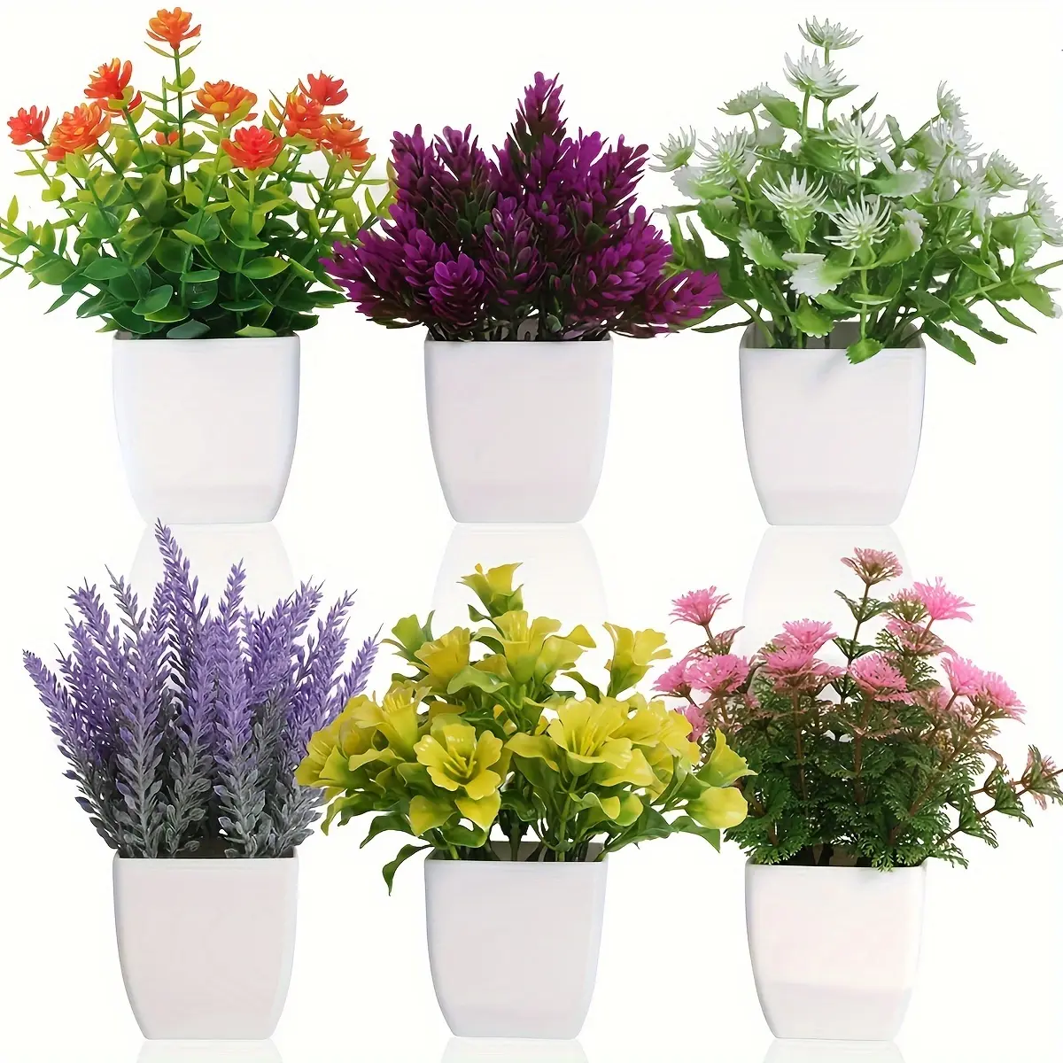 Artificial Potted Plant, 6 Counts Mini Fake Flower, Artificial Flower Set, Faux Plastic Flowers, Fake Indoor Plants, Faux Potted Plant for Home Office Desk Decoration, Artificial Flower Decorations, Outdoor Greenery for All Seasons
